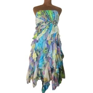 VTG Y2K Cache Ruffle Hem Dress Size 4 Fairy Whimsy Asymmetrical Blue Beaded